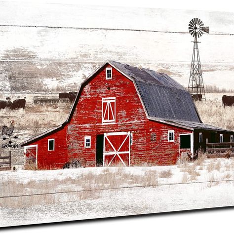 Red Barn Wall Art Rustic Farmhouse Barn Wall Decor, Windmill Country Yak Old Barn Canvas Picture Framed Artwork Wood Texture Print Painting Decoration for Home Living Room Bedroom Ready to Hang 16x24 Red Barn Painting, Artwork Wood, Farm Scenery, Windmill Wall Decor, Farmhouse Pictures, Barn Wall Art, Barn Pictures, 2024 Art, Highland Cow Canvas