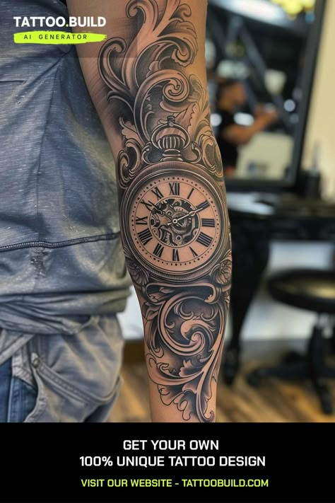 Clock Tattoo Ideas (Ideas, Design & Inspiration) - Tattoo Build Tatto Clock, Timepiece Tattoo, Fable Tattoo, Clock Tattoo Designs, Time Clock Tattoo, Clock Tattoo Ideas, Time Piece Tattoo, Pocket Watch Tattoo Design, Clock Tattoo Sleeve