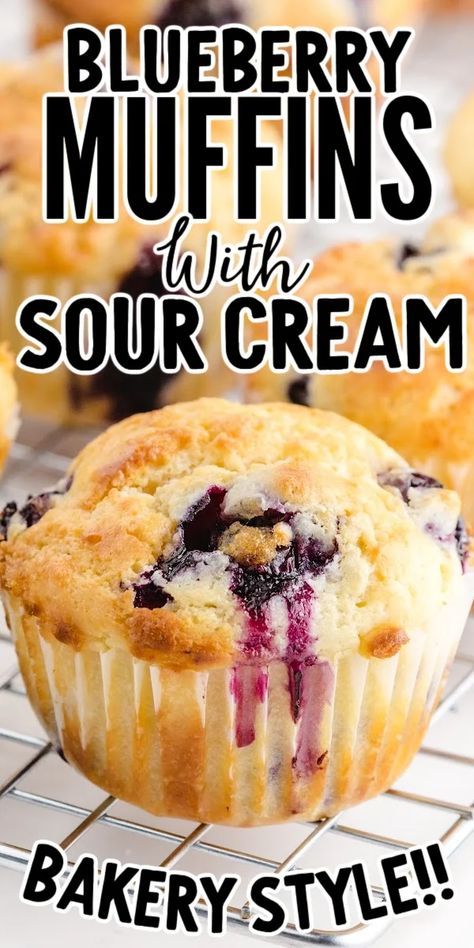 Blueberry Muffins With Sour Cream, Blueberry Sour Cream Muffins, Muffins With Sour Cream, Sour Cream Blueberry Muffins, Sour Cream Muffins, Bread Biscuits, Best Blueberry Muffins, Moist Muffins, Berry Muffins