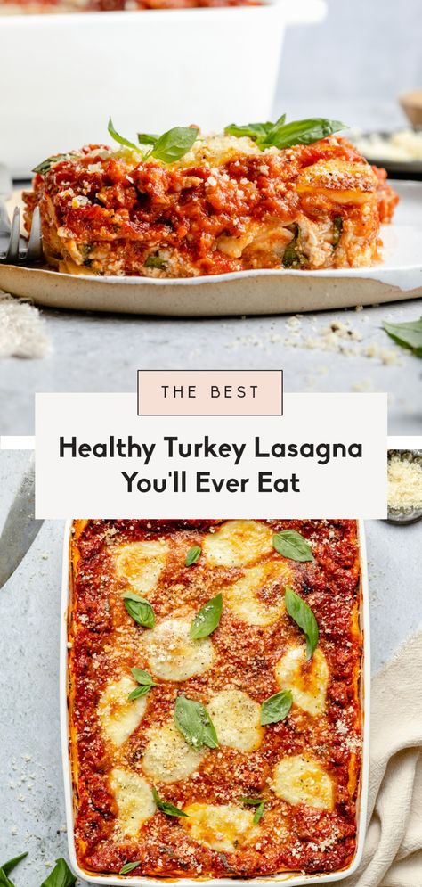 The BEST turkey lasagna ever. This healthy turkey lasagna recipe is made with a homemade tomato basil sauce packed with fresh herbs & Italian spices, lean ground turkey, mozzarella, creamy ricotta and a touch of parmesan. Perfect for serving crowds, family-style dinners, or freezing for later! #lasagna #comfortfood #dinner #healthydinner Turkey Lasagna Recipe, Ground Turkey Lasagna, Ground Turkey Sausage, Healthy Lasagna, Turkey Lasagna, Butternut Squash Lasagna, The Best Turkey, Tomato Basil Sauce, Ambitious Kitchen