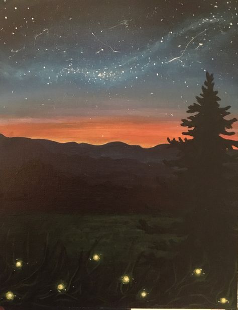 Trees And Sunset Painting, Evening Acrylic Painting, Sunset Night Sky Painting, Sunset To Night Sky Painting, Sunset With Stars Painting, Night Time Acrylic Painting, Night Time Sky Painting, Fireflies Painting On Canvas, Sunset Mountain Mural