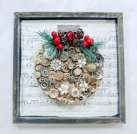 Button Christmas Ornament – Lizzy & Erin Craft Using Buttons, Christmas Tree Ornaments With Buttons, Button Cone Christmas Tree, Button Art Flowers, Old Button Crafts, Button Wreath Craft, Button Christmas Ornaments Diy, Christmas Button Art Projects, Button Christmas Art