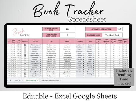 Book Tracker Journal, Book Tracker Excel, Rea Excel Tracker Templates, Tbr List Template Excel, Reading Spreadsheet, Excel Tracker, Book Tracker Journal, Digital Book Tracker, Book Tracker Template, Journal Book Tracker, Reading Planner