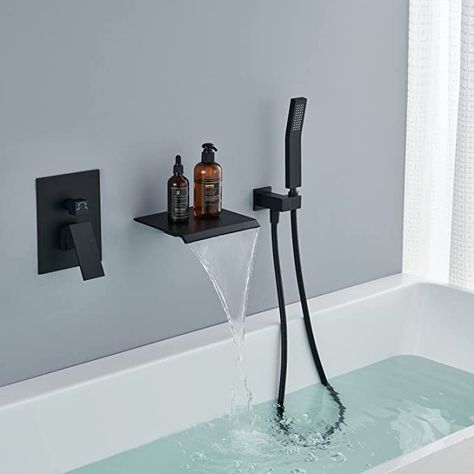 Jabbol Waterfall Tub Faucet Wall Mount Roman Tub Filler Black Single Handle Brass Bathroom Bathtub Faucet with Hand Shower - - AmazonSmile Tub Faucet Wall Mount, Waterfall Tub Faucet, Deep Bathtub, Wall Mount Tub Faucet, Drop In Tub, Bathroom Faucets Waterfall, Bathroom Bathtub, Shower Faucet Sets, Roman Tub