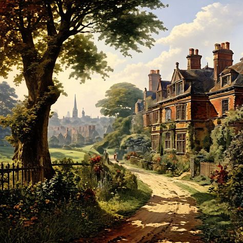 The picturesque countryside of London in the late 1800's. A ... by DIYspot - Playground Nyc Aesthetic Wallpaper, London 1800, Dnd Locations, Art Is Dead, German Town, London Country, Countryside Art, Setting Inspiration, Rpg Map