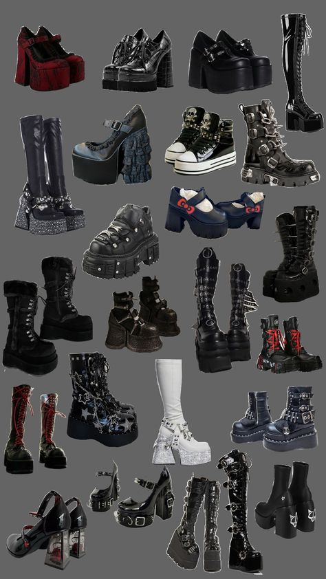 #shoes #punk #goth #gothic #boots Shoes Gothic Style, Goth Black Boots, How To Style Chunky Shoes, Gothic Boots Outfit, Goth Boots Drawing, Cute Goth Shoes, Romantic Goth Shoes, Boots Names, Goth Shoes Aesthetic