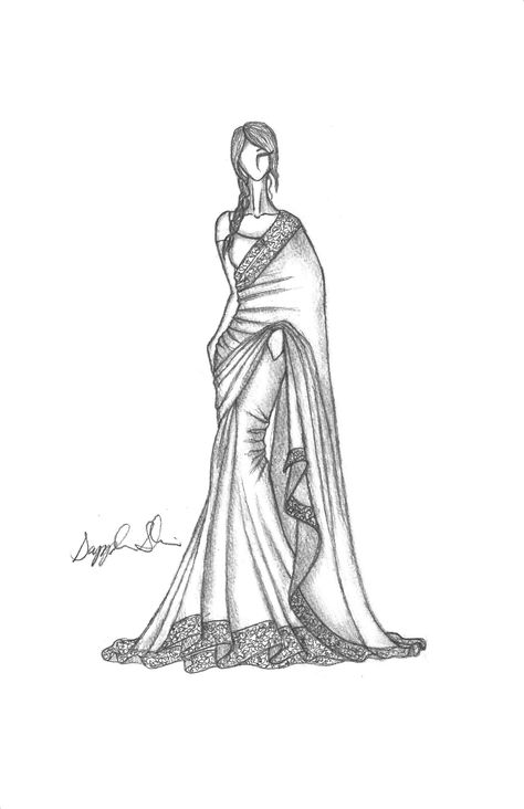 Indian Sari/Saree Dress Line Art, Zantangle Art, Indian Designs, Dress Designing, Sketching Ideas, Fashion Drawing Sketches, Dress Illustration, Dress Design Drawing, Fashion Illustration Sketches Dresses