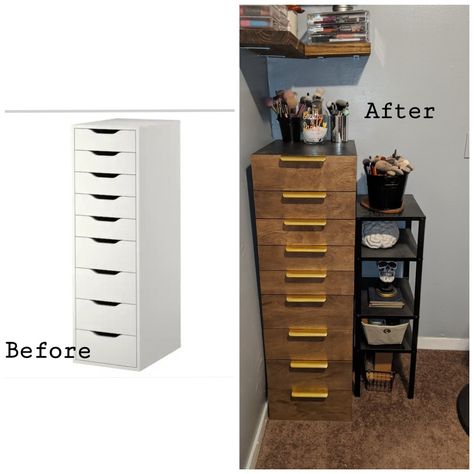 Wanted to give my Alex drawer unit a refresher after having for a few years. Love the way this turned out. Sanded it down and painted black , then cut some 1/2 inch plywood to the size of the drawers stained them and attached them , added some drawer pulls and voila! Painted Ikea Alex Drawers, Painted Alex Drawers, Alex Drawer Diy, Ikea Alex Makeover, Alex Drawer Makeover, Ikea Alex Drawers Hack, Alex Drawer Hack, Ikea Upcycling, Desk Knobs