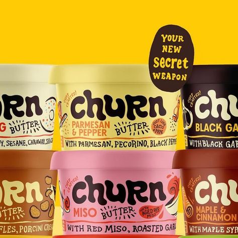 Boredom Kills Creative on Instagram: "Fat fiends & butter babes, please welcome @churnfoods to the BKC fam. We’ve spent the last 4 months working on rebranding, repositioning, packaging & a brand new website for the best flavored butter out there. We’ll be sharing more over the coming weeks, but for now isn’t she pretty? 🧈🧄🥹" Vintage Butter Packaging, Fun Food Packaging Design, All Things Butter, Coconut Kefir, Butter Flavors, Butter Packaging, Butter Fingers, Lime Butter, Butter Brands