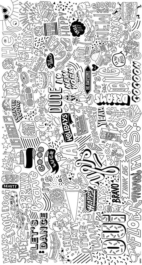 Express yourself with this giant coloring poster, mixing illustration, lettering and graffiti !! Hundreds of tiny details, and a huge sense of humor for the entire family to enjoy. - hours of coloring fun alone or with friends ! - on the ground, on the wall or as a table cloth Content 1 poster Format Unrolled : 5'9 x 3'17 Composition 120gr/m² offset paper Made and designed in France by OMY Mural Doodle Wall Paintings, Graffiti On Paper, Graffiti Colors, Free Graffiti Fonts, Giant Coloring Poster, Alphabet Graffiti, Graffiti Fonts, Poster Format, Wall Graffiti