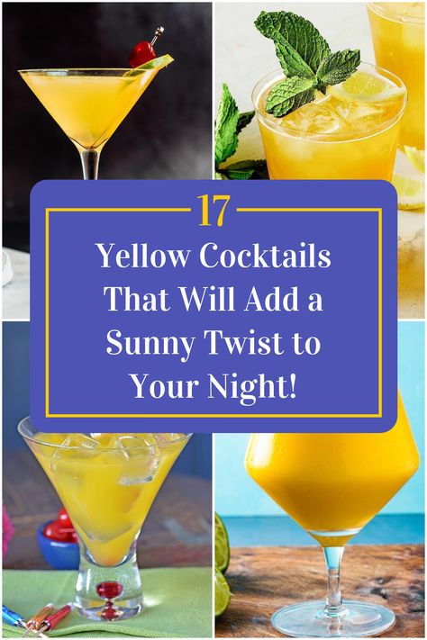 Collage of 4 yellow cocktails. Yellow Drinks Alcohol Recipes, Colour Theme Cocktail Party, Yellow Mixed Drinks, Yellow Mixed Drinks Alcohol, Yellow Party Drinks, Yellow Alcoholic Drinks For A Party, Yellow Drinks For Party, Yellow Cocktails Recipes, Yellow Cocktails Drink