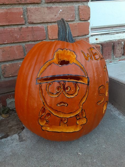 Attempted to carve Stan off of South Park into my pumpkin, not too bad for a first attempt South Park Pumpkin Carving, South Park Pumpkin, South Park, Pumpkin Carving, Carving