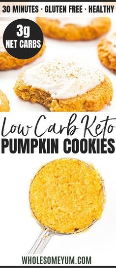 Low Carb Keto Pumpkin Cookies Recipe - This chewy soft keto pumpkin cookies recipe makes the perfect fall dessert! See how to make healthy low carb pumpkin cookies with simple ingredients and less than 30 minutes. #wholesomeyum #keto #ketorecipes #pumpki Low Carb Pumpkin Cookies, Keto Pumpkin Cookies, Pumpkin Cookies Recipe, Pumpkin Cookies Healthy, Pumpkin Cookie Recipe, Desserts Keto, Healthy Low Carb, Keto Pumpkin, Keto Friendly Desserts