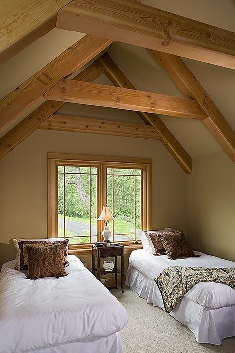 Rustic Timber Frame Homes, Timber Frame Home Interiors, Vaulted Bedroom, Frame Bedroom, Timber Trusses, Exposed Ceilings, Timber Frame Barn, Timber Frame Home, Timber Frame Homes