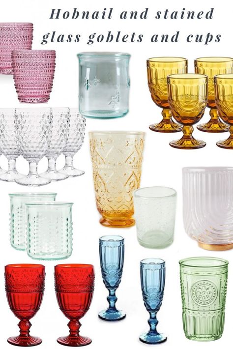 Stained Glass Cups, Glass Cups Wedding, Hobnail Glassware, Bee Cup, Dream Cafe, Scratch Cooking, Colored Cups, Vintage Goblets, Glass Goblets