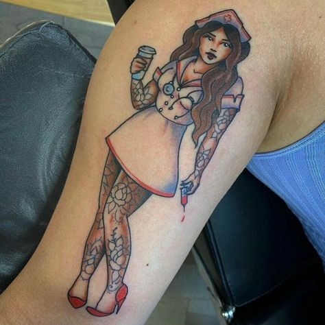 Nurse Pinup Tattoo, Nurse Pinup, Pin Up Nurse, Nurse Tattoo Ideas, Nurse Symbol, Pinup Tattoo, Nurse Tattoo, Framed Tattoo, Instagram Symbols