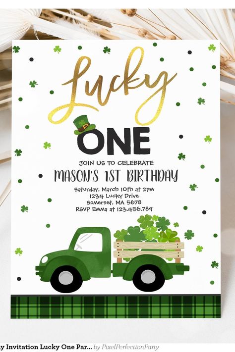 St. Patrick's Birthday Invitation Lucky One Party March First Birthday, First Birthday Ideas Boy, Lucky One Party, Lucky One Birthday Party, Lucky One Birthday, March First, Baby Birthday Themes, Lucky Shamrock, The Lucky One