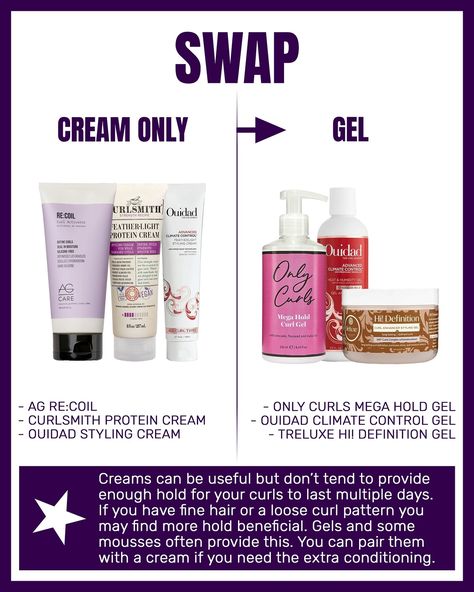 SOME SIMPLE CHANGES TO HELP YOU GET YOUR CURLS BACK! ⬇️⁣ ⁣ There’s so much information when you start your curl journey: do this, don’t do that, use this product, don’t touch that ingredient. It’s overwhelming! ⁣ ⁣ Here are a few SIMPLE SWAPS you can make that will change the game for your curls!⁣ ⁣ - swap damp styling for wet styling⁣ - swap only using a cream for products with hold like gel⁣ - swap rough scrunching for scrunching and styling intentionally and carefully ⁣ - swap traditional ... Wet Style, Curly Hair Styles