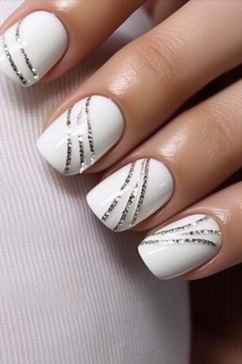 Elevate Your Nail Art Game: White Nails with Diamonds Nail Line Designs Ideas, Wedding Nails White And Silver, White Dip Nail Designs, White Sparkly Nail Designs, White And Silver Wedding Nails, White Nails With Silver Designs, Nail Art On White Nails, Nails With Rhinestones Simple, White And Silver Nail Designs