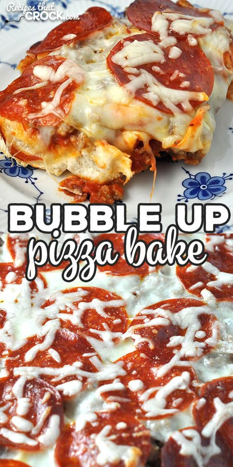 This Bubble Up Pizza Bake is the oven version of our Crock Pot Pizza Bake. It is a delicious and easy way to have homemade pizza on chaotic night! via @recipescrock Beef Supper Recipes, Philsbury Biscuit Recipes, Chicken Pizza Casserole, Bubble Up Bake, Stuffed Pizza Rolls, Bubble Up Recipes, Bubble Pizza, Fun Pizza Recipes, Bubble Up Pizza