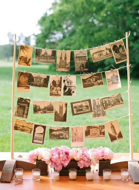 History Wedding Theme, History Themed Wedding, Wedding Picture Display At Reception, Postcard Display, Graduation Table, Travel Party Theme, Deco Champetre, Travel Theme Wedding, Photo Board