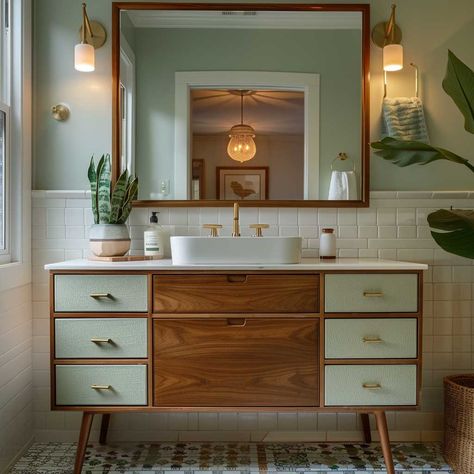 8+ Mid-Century Modern Bathroom Furniture Ideas for Retro Appeal • 333+ Art Images 50s Modern Bathroom, Mid Century Interior Bathroom, Mid Century Modern Spa, Mid Century Modern Bathrooms, Mid Century Modern Bathroom Small, Mid Century Modern Bathroom Design, Mid Mod Bathroom, Bathroom Mid Century Modern, Modern Mid Century Bathroom