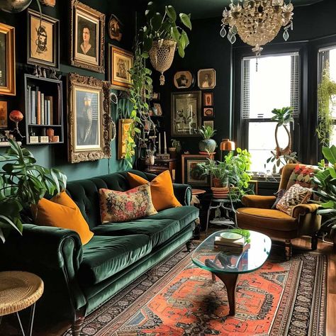 Cozy Eclectic Home, Dark Green Living Room, Green Couch, Green Velvet Sofa, Interior Decorating Styles, Casa Vintage, Bedroom Wall Colors, Green Sofa, Trendy Living Rooms