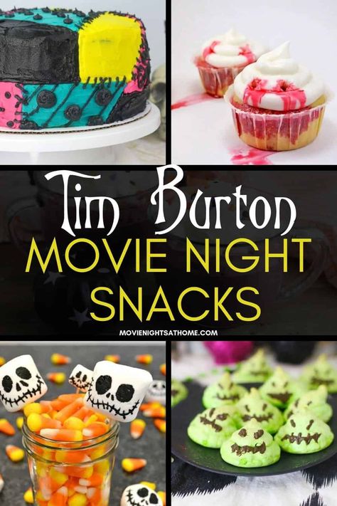 Hosting a Tim Burton Halloween movie night is a great way to have some fun at home. These movie ideas and snack recipes pair perfectly, too! Nightmare Before Christmas Themed Snacks, Corpse Bride Movie Night, Tim Burton Food Ideas, Coraline Movie Night, Disney Movie Themed Food, October Movie, Halloween Movie Night Party, Family Movie Night Snacks, Halloween Themed Movies