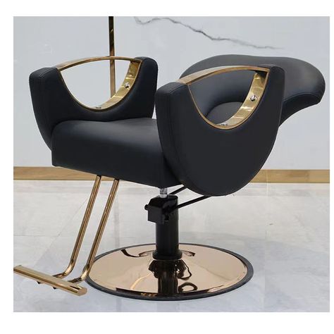 Black And Gold Salon Ideas, Black And Gold Salon Decor Interiors, Black And Gold Salon Suite, Black And Gold Beauty Salon Decor, Salon Chairs Ideas Furniture, Salon Chairs Ideas, Black Gold Hair Salon Interior, Black And Gold Salon, Reclining Salon Chair