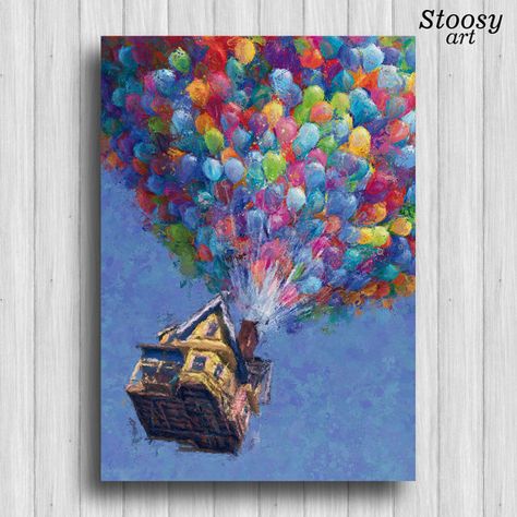 Up Balloon House Painting, Movie Posters Painting, Houses Painting Acrylic, Up Movie Painting Ideas, Up Movie Drawing House, Movie Inspired Paintings, Balloon House Drawing, Up Acrylic Painting Disney, Up Art Pixar