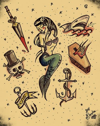 tattoo set | by oh_sasha Traditional Mermaid Tattoos, Traditional Mermaid, Tattoo Sailor, Sailor Jerry Flash, Sailor Jerry Tattoo Flash, Tattoo Mermaid, Mermaid Tattoo Designs, Sailor Tattoos, Art Vampire