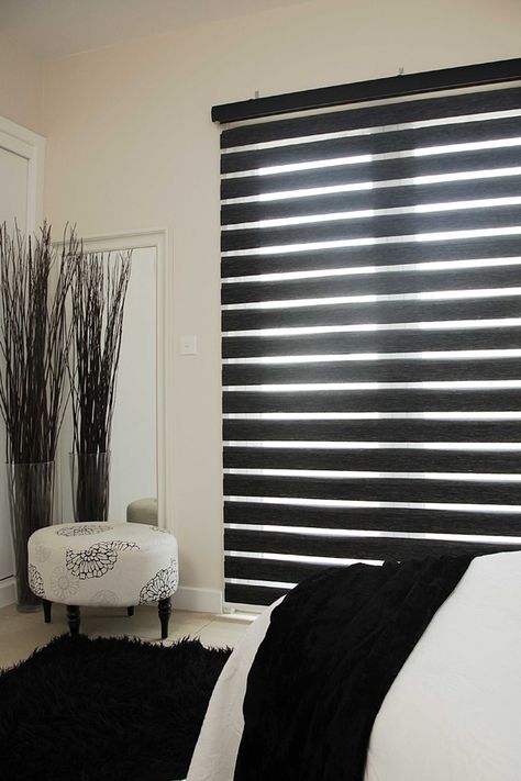 Made to measure Black Duplex Blinds For your Windows | Rimini Blinds Black Zebra Blinds, Black Window Blinds, Modern Blinds Living Rooms, Bedroom Black Curtains, Window Blinds Ideas, Modern Window Blind, Blinds For Windows Living Rooms, Black Blinds, Patio Door Blinds