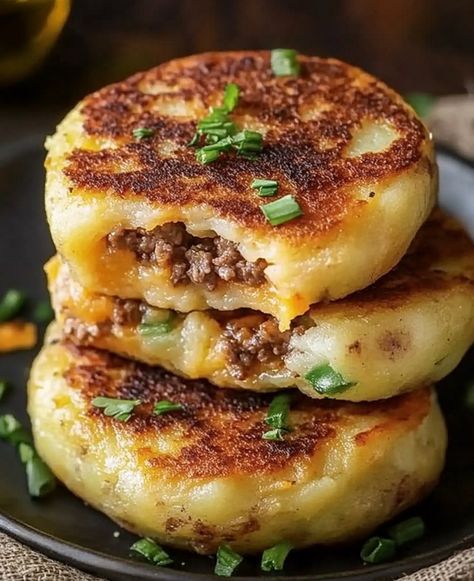 Quick & Easy Stuffed Potato Cakes | Potato Cake With Cheese, Cheesy Stuffed Potato Cakes, Stuffed Potato Cakes Recipe, Fried Potatoes Dinner Ideas, Layered Fried Potatoes, Stuffed Potato Pancakes With Ground Beef, Stuffed Mashed Potatoes Recipes, 2 Ingredient Stuffed Potato Cakes, Cheese Potato Cakes