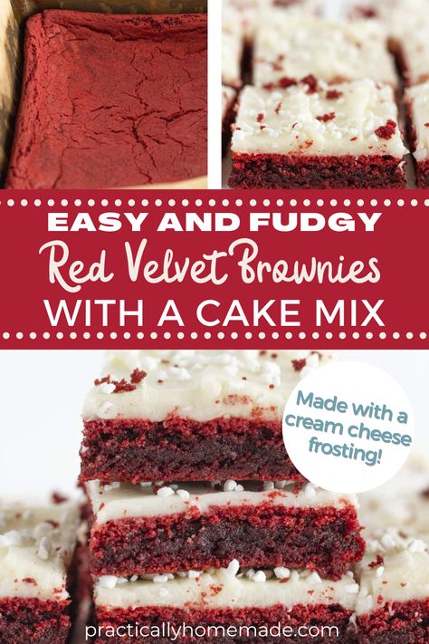 Easy and Fudgy Red Velvet Brownies with a Cake Mix: Everyone loves a good brownie and these brownies are particularly amazing. If you’re a fan of red velvet, and most people are, you’ll love this recipe! It’s so easy to make and the flavor is so good. Top your brownies with a cream cheese frosting for extra decadence! Red Velvet Cheesecake Brownies From Box Cake Mixes, Red Velvet Brownie Poke Cake, Red Velvet Brownies Cake Mix Easy, Red Velvet Brownie Cake, Cake Mix Red Velvet Brownies, Desserts With Red Velvet Cake Mix Boxes, Red Velvet Cake Brownies, Red Velvet Cake Bars, Turn Cake Mix Into Brownies