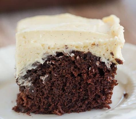 Wacky Cake | Brown Eyed Baker Wacky Cake Recipe 9x13, Easy Vanilla Frosting, Crazy Cake Recipes, Wacky Cake Recipe, Vanilla Bean Frosting, Brown Eyed Baker, Wacky Cake, Chocolate Poke Cake, Poke Cakes