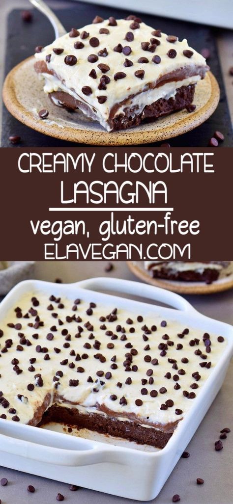 Vegan chocolate lasagna with 4 different layers. Brownies meet luscious cream and pudding layers. This yummy dessert recipe is vegan, gluten-free, and fairly easy to make! #vegan #chocolatelasagna #vegandessert #elasrecipes | elavegan.com Gluten Free Desserts Cookies, Dessert Halloween, Gluten Free Desserts Healthy, Chocolate Lasagna, Easy Gluten Free Desserts, Vegetarian Desserts, Gluten Free Desserts Recipes, Yummy Dessert, Gf Desserts