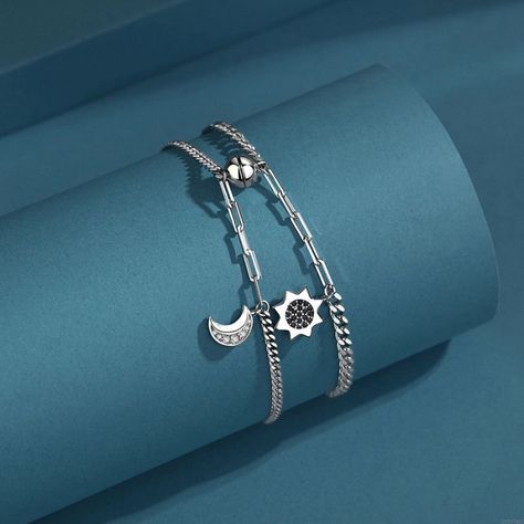 Romantic Moon Zirconia Star Pendant Couple Wristband Bangle Cuff Jewelry Valentine's Day Gifts Silver Bracelet Sun And Moon Bracelet, Moon Sun And Stars, Leather Anchor Bracelet, Music Bracelet, Blossom Bracelet, Animal Bracelet, Retro Bracelet, Moon Bracelet, Couple Bracelet