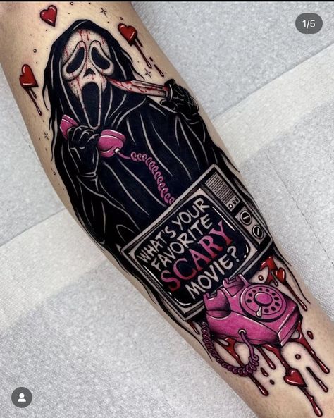 Halloween Tattoo Ideas, Horror Movie Tattoos, Pink Tattoo, Movie Tattoos, Sick Tattoo, Scary Tattoos, Theme Tattoo, Intricate Tattoo, Spooky Tattoos