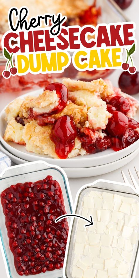 Cherry cheesecake dump cake is one of the easiest desserts you will ever make. All you'll need is 5 simple ingredients and it's ready in 1 hour. This delicious treat is packed with sweet cherry fruit filling, and a thick cheesecake layer. It's topped with a golden brown buttery cake mix. White Cake Dump Recipes, Christmas Dump Cake Recipes, Cake Recipes Cherry, Dump Cake Recipes Cherry, Easy Desert 3 Ingredients, Cherry Dump Cake Recipes, Dump Cake Cherry, Cherry Cheesecake Dump Cake, Easy Cherry Dump Cake