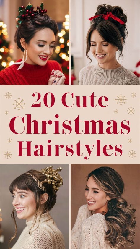 Christmas Bun Hairstyle, Christmas Hair With Ribbon, Christmas Long Hair Styles, Curly Hair Christmas Style, Funny Christmas Hairstyles, Long Hair Christmas Hairstyles, Easy Holiday Updo Long Hair, Mrs Claus Hairstyle, Christmas Hairstyles Long Hair