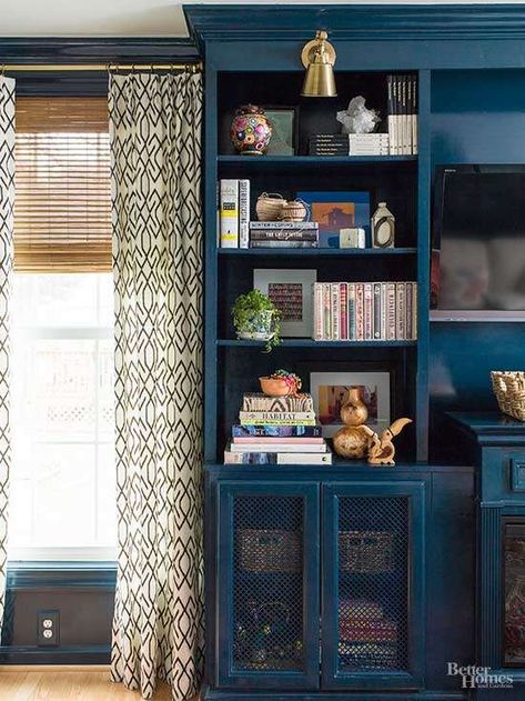 Shelves Makeover, Breezy Curtains, Teal Cabinet, Black Painted Stairs, Stylish Shelves, Bookcase Library, Painting Shelves, Office Shelves, Old Radiators