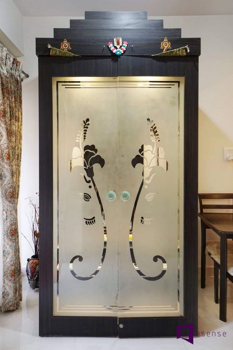 Frosted Glass Door For Pooja Room, Mandir Door Glass Design, Mandir Glass Door Design Puja Room, Temple Glass Door Design For Home, Frosted Glass Design For Mandir, Etched Glass Door For Pooja Room, Pooja Room Glass Door Designs, Mandir Glass Door Design, Pooja Cupboard