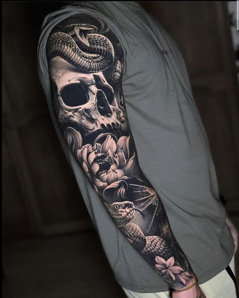 Snake And Skull Forearm Tattoo, Skull Arm Tattoo, Calf Sleeve Tattoo Men, For Arm Tattoo, Best Arm Tattoos, Tato Realis, Arm Tattoos For Men, Black Sleeve Tattoo, Tattoo Homme