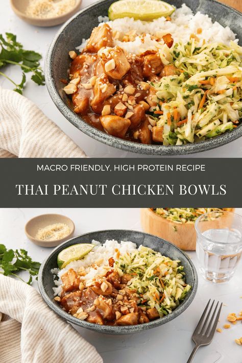 Thai Peanut Chicken Rice Bowl, Peanut Chicken Protein Bowl, Thai Chicken Peanut Bowl, Peanut Miso Chicken, Crockpot Thai Peanut Chicken, Curry Peanut Chicken, Thai Bowl Recipes, Thai Peanut Bowl, Peanut Curry Chicken