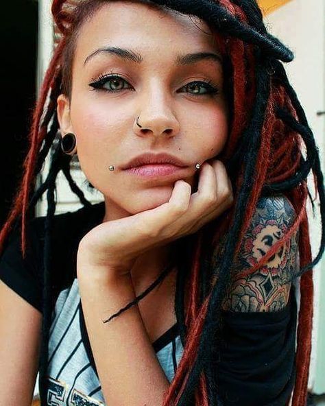 Red Dreadlocks, Dimple Piercing, Tattooed Girls, Dreads Girl, Ink Model, Face Piercings, Goth Beauty, Scene Girls, Lip Piercing