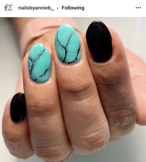 Simple Turquoise Nails, Aqua And Black Nails, Navy Blue Matte Nails Design, Teal And Black Nail Ideas, Turquoise Black Nails, Black And Teal Nail Designs, Dark Teal Acrylic Nails, Black And Turquoise Nails, Turquoise And Black Nails