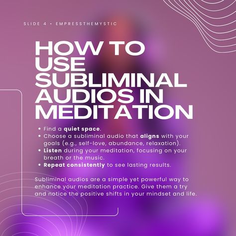 Curious about how subliminal audios can boost your meditation practice? 🧘🏾‍♀️ Subliminal audios are packed with hidden affirmations that work behind the scenes to reprogram your mind. 🧠✨ Whether you’re looking to deepen your meditation, shift your mindset, or cultivate new habits, subliminals might be the game-changer you need. 💫 Swipe through to discover 👇🏾 💜What subliminal audios are 💜 How they work with your subconscious 💜 The benefits of using them in your meditation 💜 Easy steps to g... Easy Meditation, New Habits, Meditation Practices, Focus On Yourself, Easy Steps, Being Used, How To Use, Self Love, Behind The Scenes