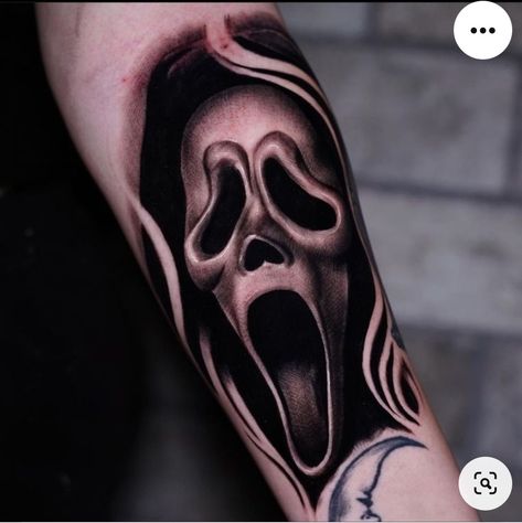 Scream Mask Tattoo Design, Scream Tattoo Sleeve, Valak Tattoo Design, Scream Tattoo Design, Scream Mask Tattoo, Ghost Face Tattoo Design, Ghost Face Tattoos, Scream Tattoo Ghostface, Ghostface Tattoo Design