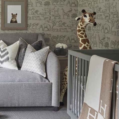 Nursery with Gray Ark Wallpaper, Transitional, Nursery Nursery Daybed, Transitional Nursery, Luxury Baby Room, Sophie Paterson Interiors, Elegant Nursery, Kindergarten Wallpaper, Baby Boy Room Nursery, Andrew Martin, Nursery Room Boy