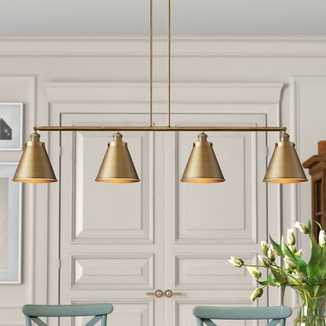 Greyleigh™ Donovan 4 - Light Kitchen Island Linear Pendant | Wayfair Light Fixture Dining Table, Over Bench Kitchen Lighting, Champagne Bronze Kitchen Lighting, Kitchen Linear Lighting, Horizontal Pendant Light, Island Light Fixtures Kitchen, Light Above Kitchen Table, Chandelier Over Kitchen Island, Raised Kitchen Island